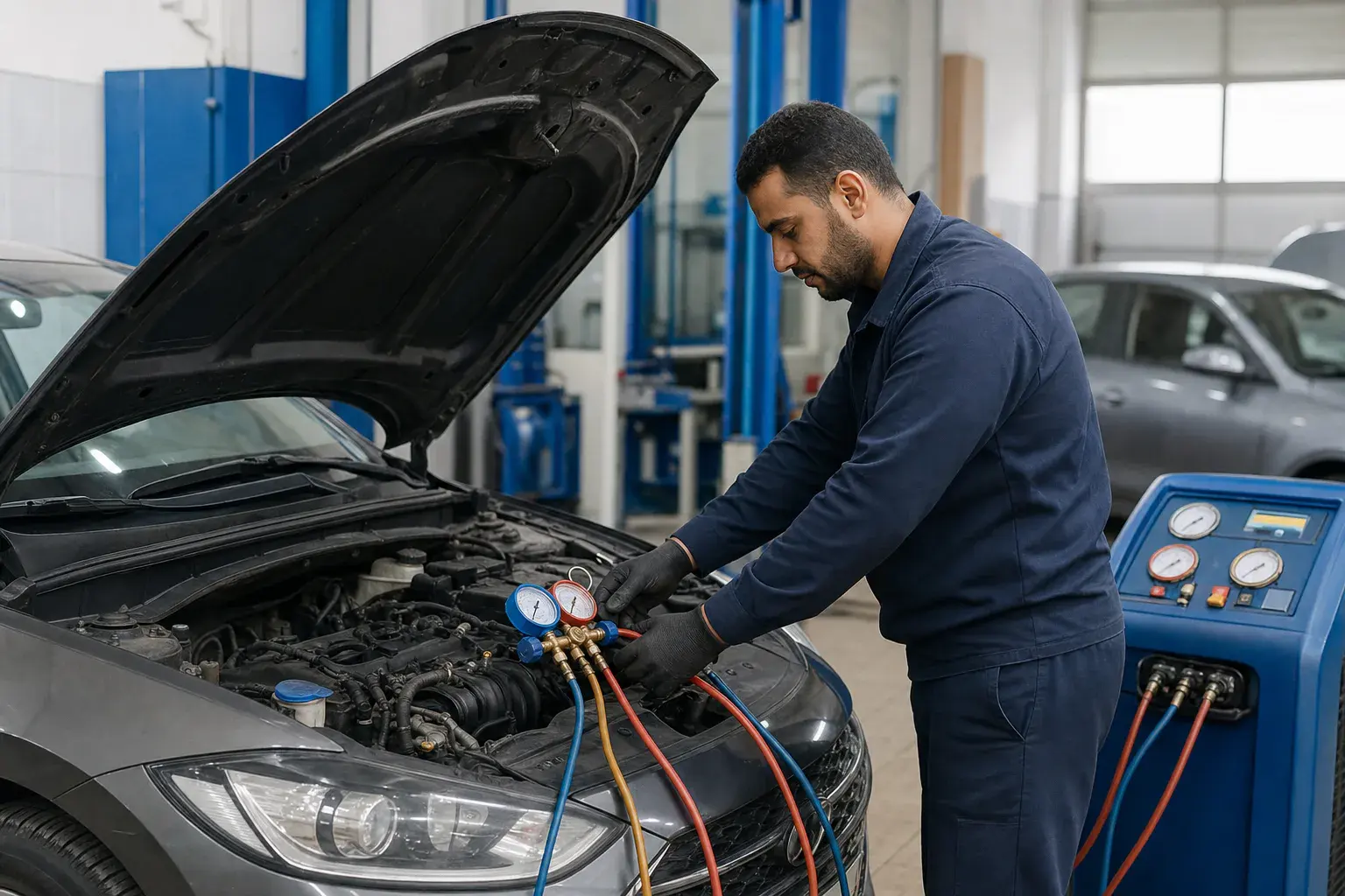 Technician checking a car air-conditioning system with manifold gauges