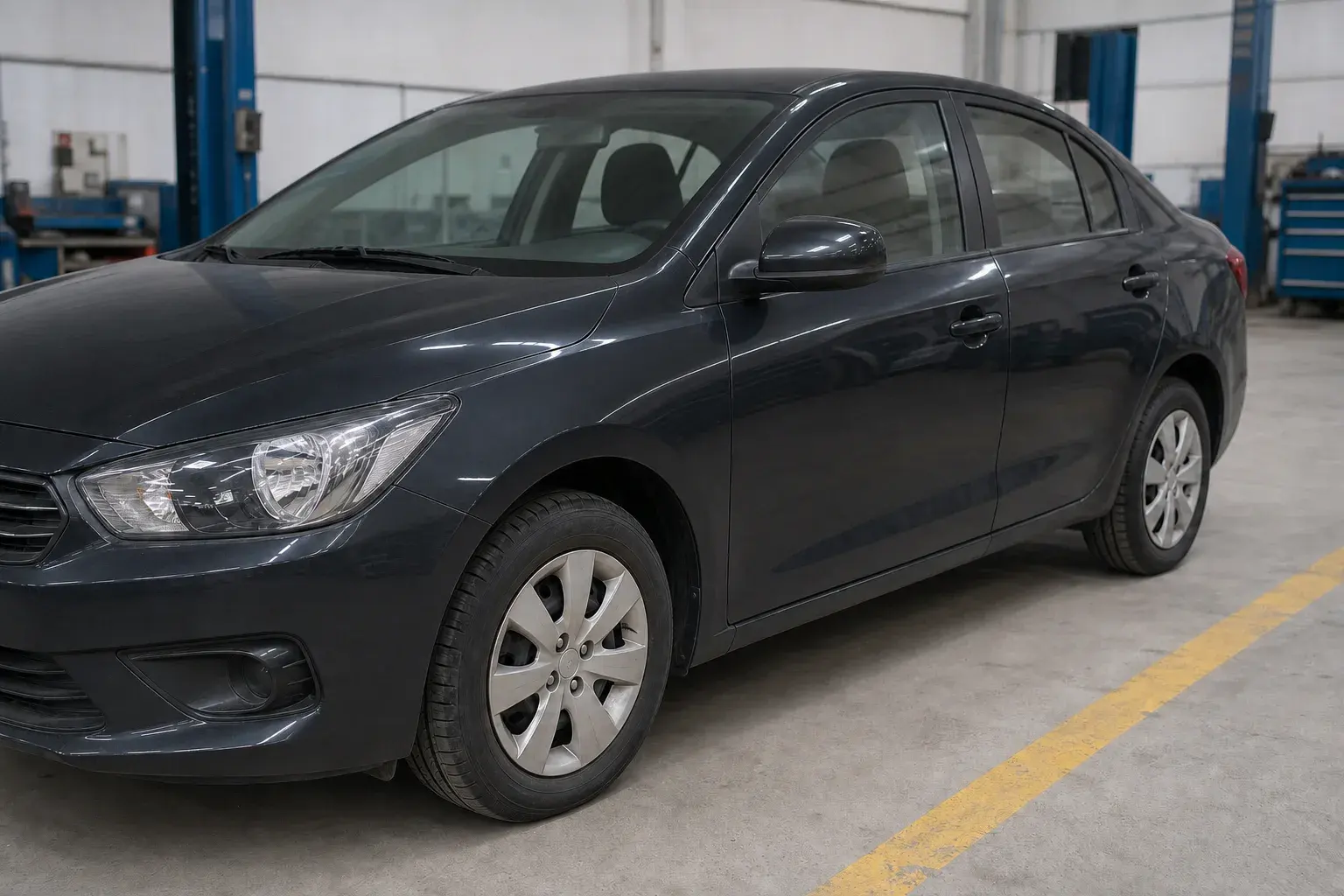 The same dark sedan after panel repair and refinishing