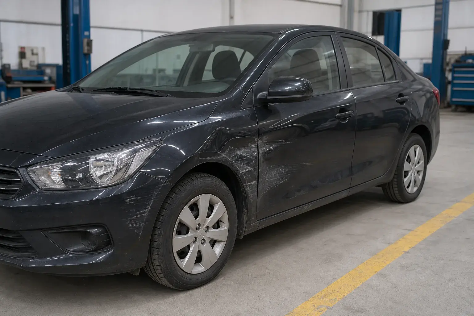 Dark sedan with repairable panel damage before body repair