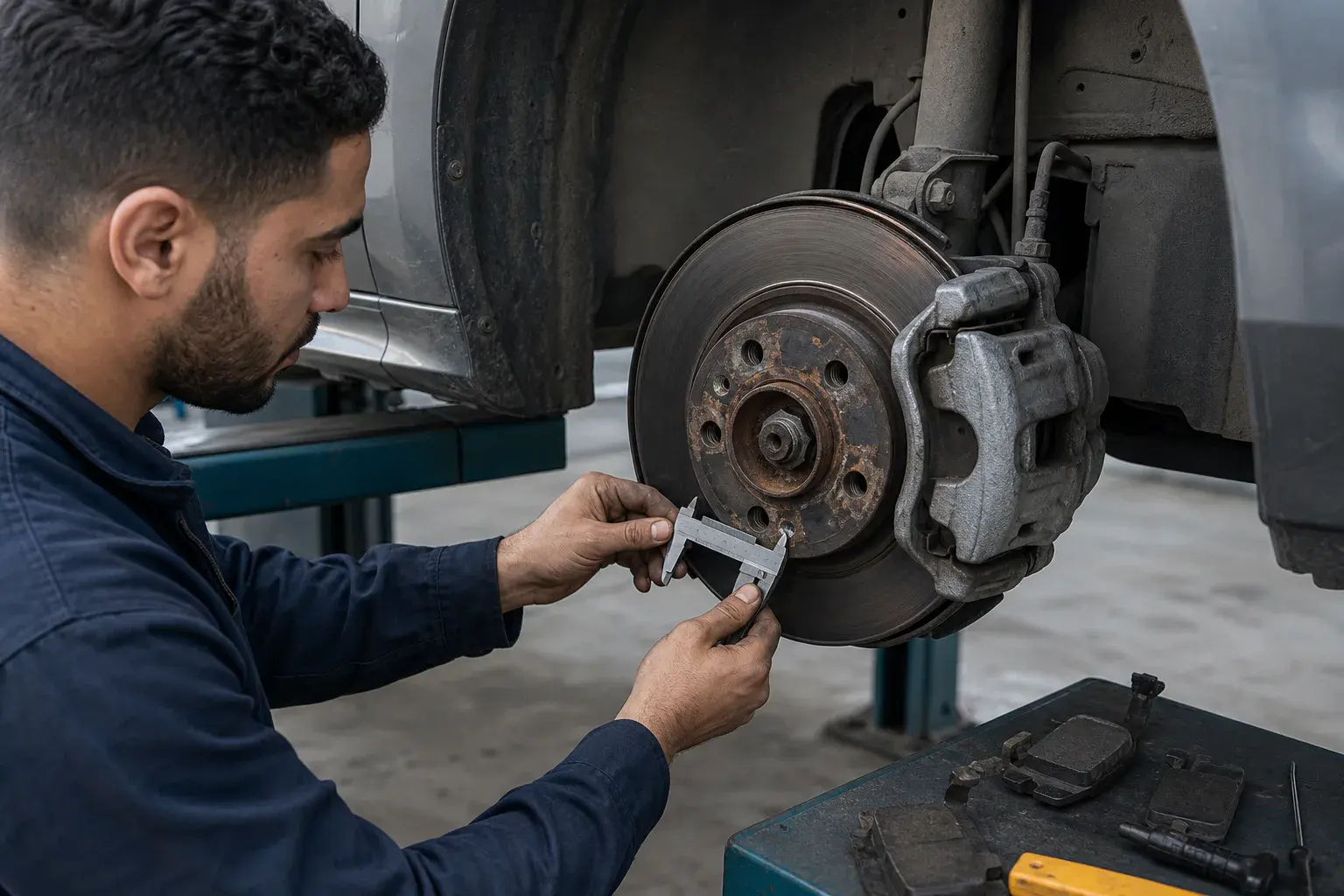 Technician measuring a brake disc with the wheel removed