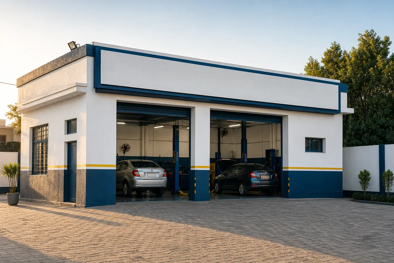Exterior of a clean independent automotive workshop