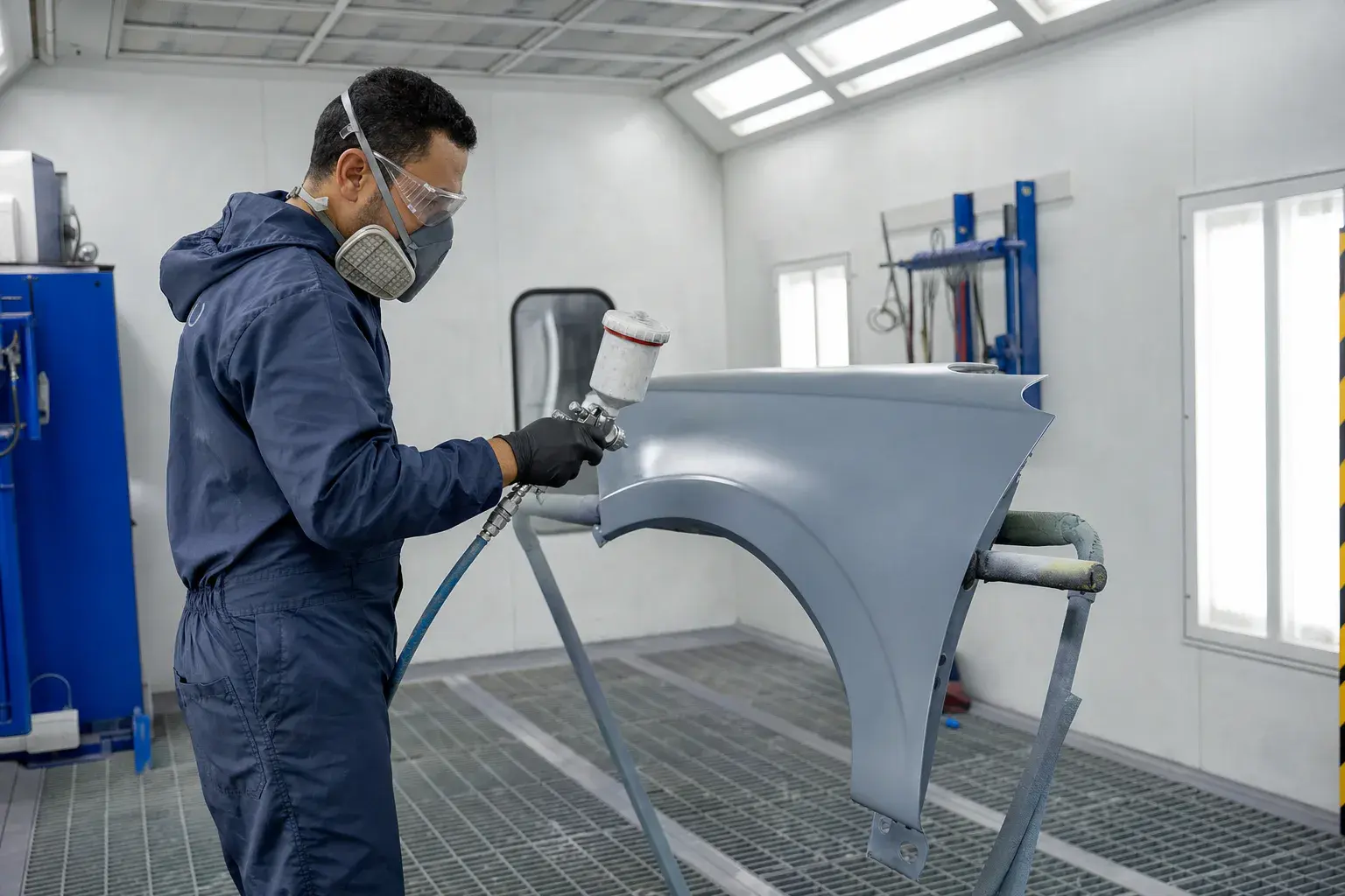 Technician refinishing a body panel in a paint booth with protective equipment