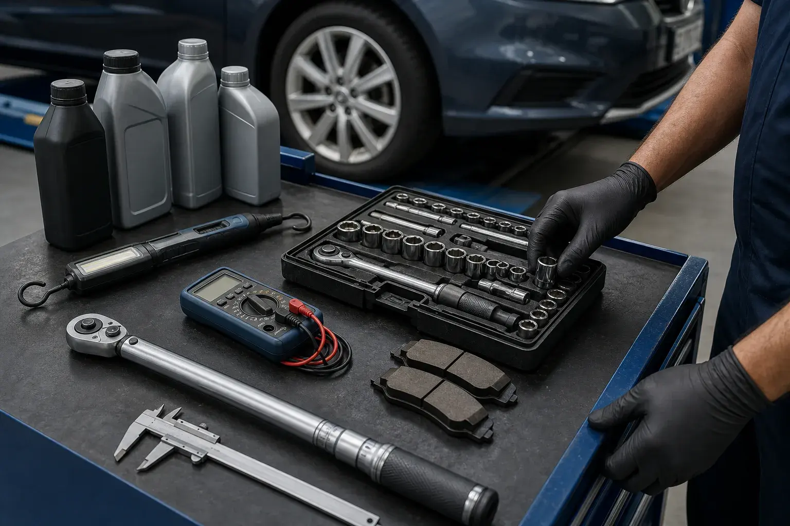 Automotive diagnostic and mechanical tools arranged on a workbench