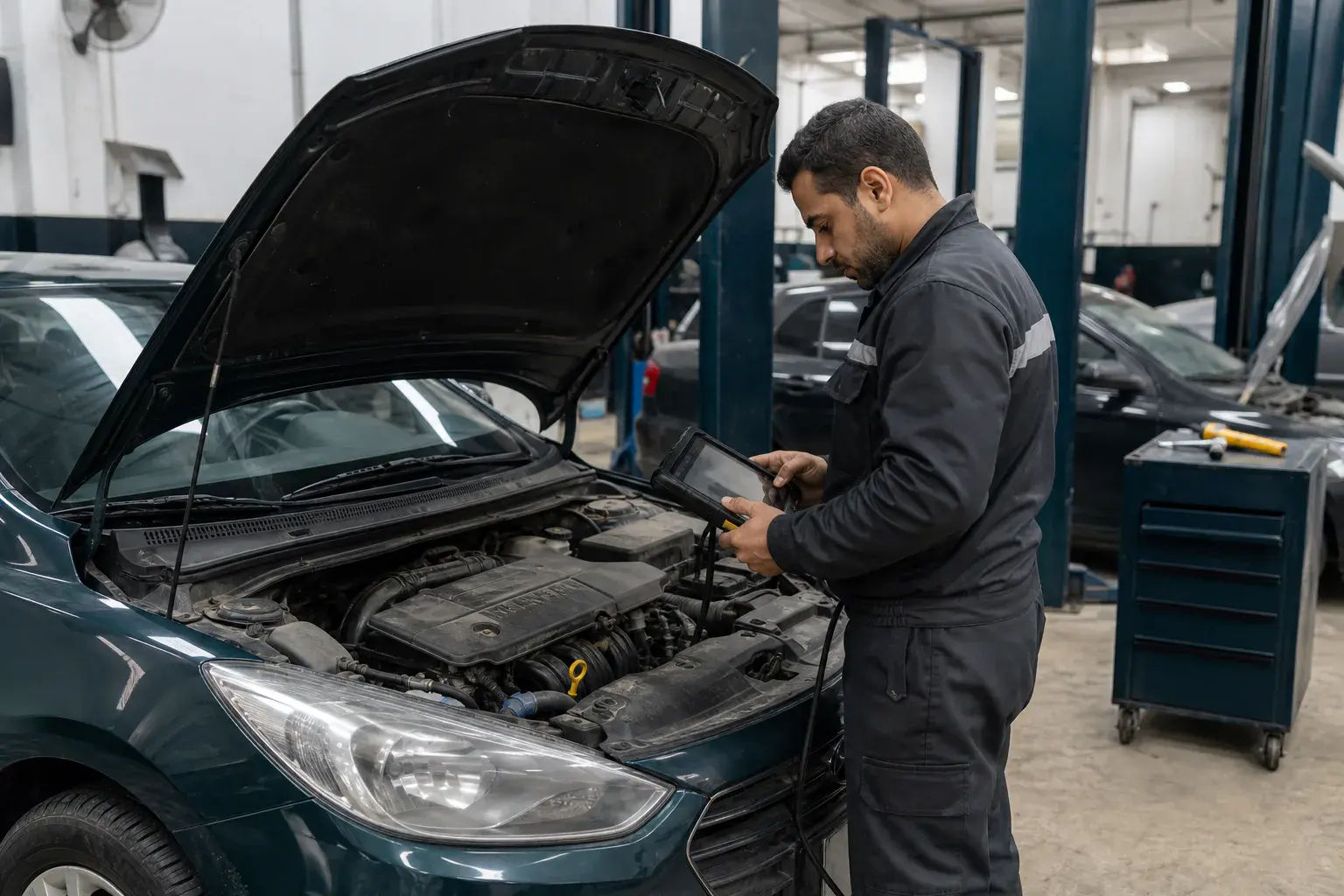 Nuba Auto technician reviewing a vehicle inspection on a tablet